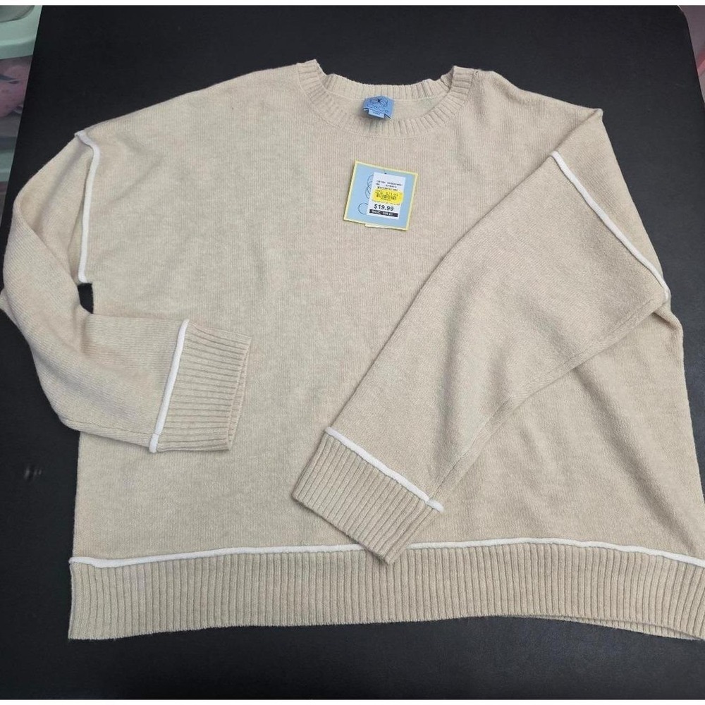 NWT CeCe Beige Oversized Crewneck Sweater Exposed White Seam Large L- Minor flaw